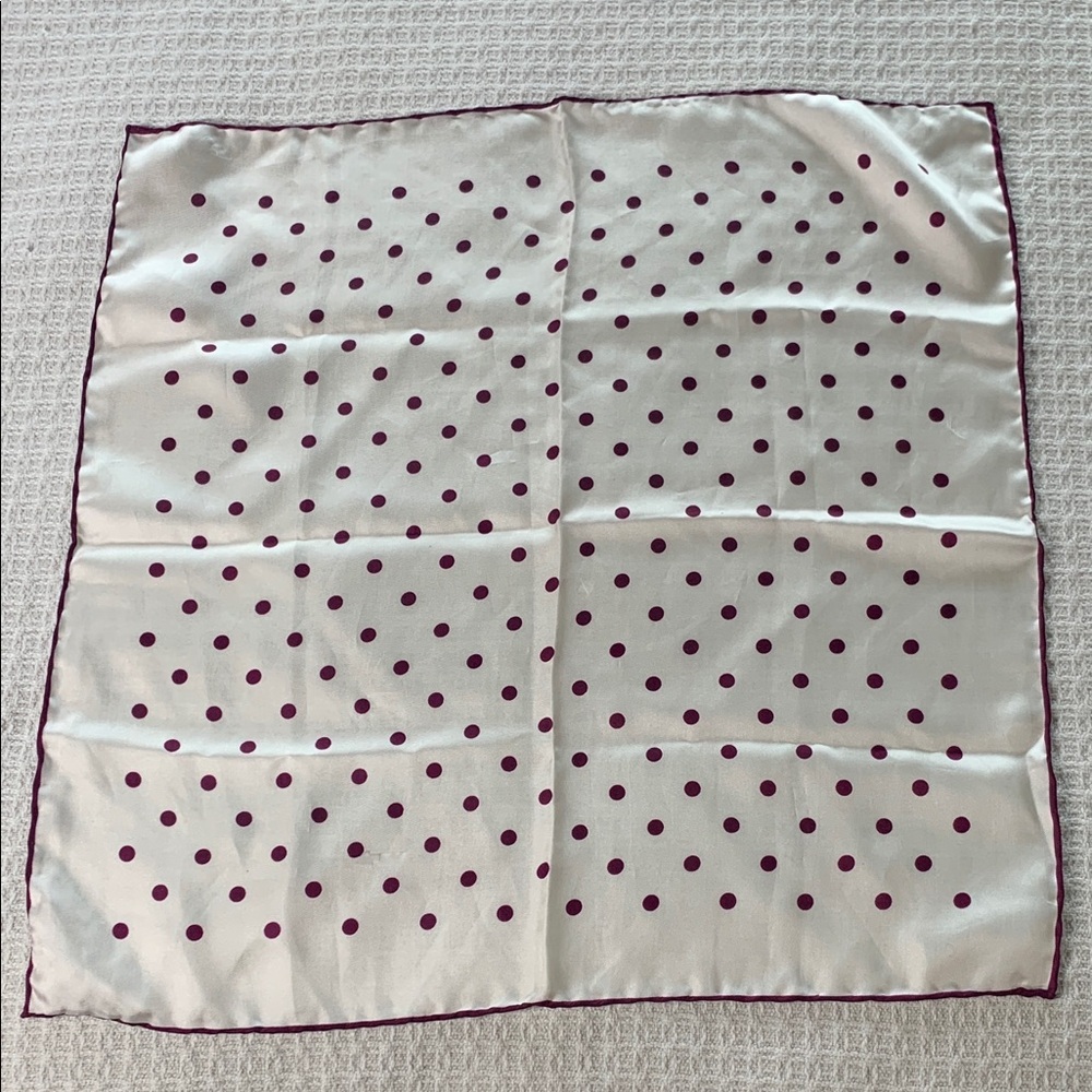Silk pocket square or purse scarf white with purple polka dots and purple edge
